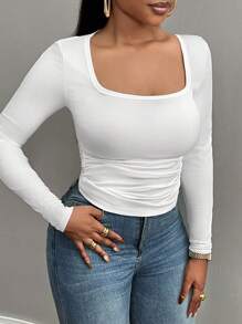 Slaydiva 2024 新款白色方领收褶侧边罗纹女式长袖 T 恤 - 白色 - 查看 6