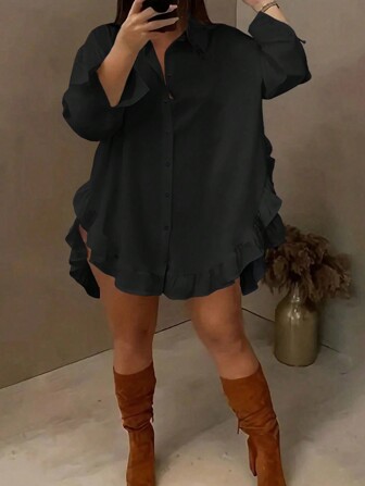 SHEIN CURVE+ 大码女式荷叶边领长袖衬衫，秋装女式衬衫