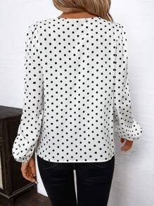 SHEIN Clasi Blusa elegante con cuello de volantes de contraste negro, manga farol y lunares para mujeres