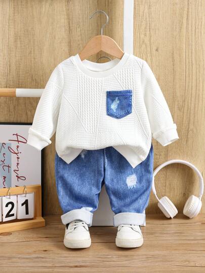 SHEIN 2 sztuki/zestaw dla chłopca i dziewczynki w stylu angielskim, dzianinowa, ocieplana bluza i spodnie w stylu jeansów, odpowiednie do noszenia na co dzień lub na wyjścia