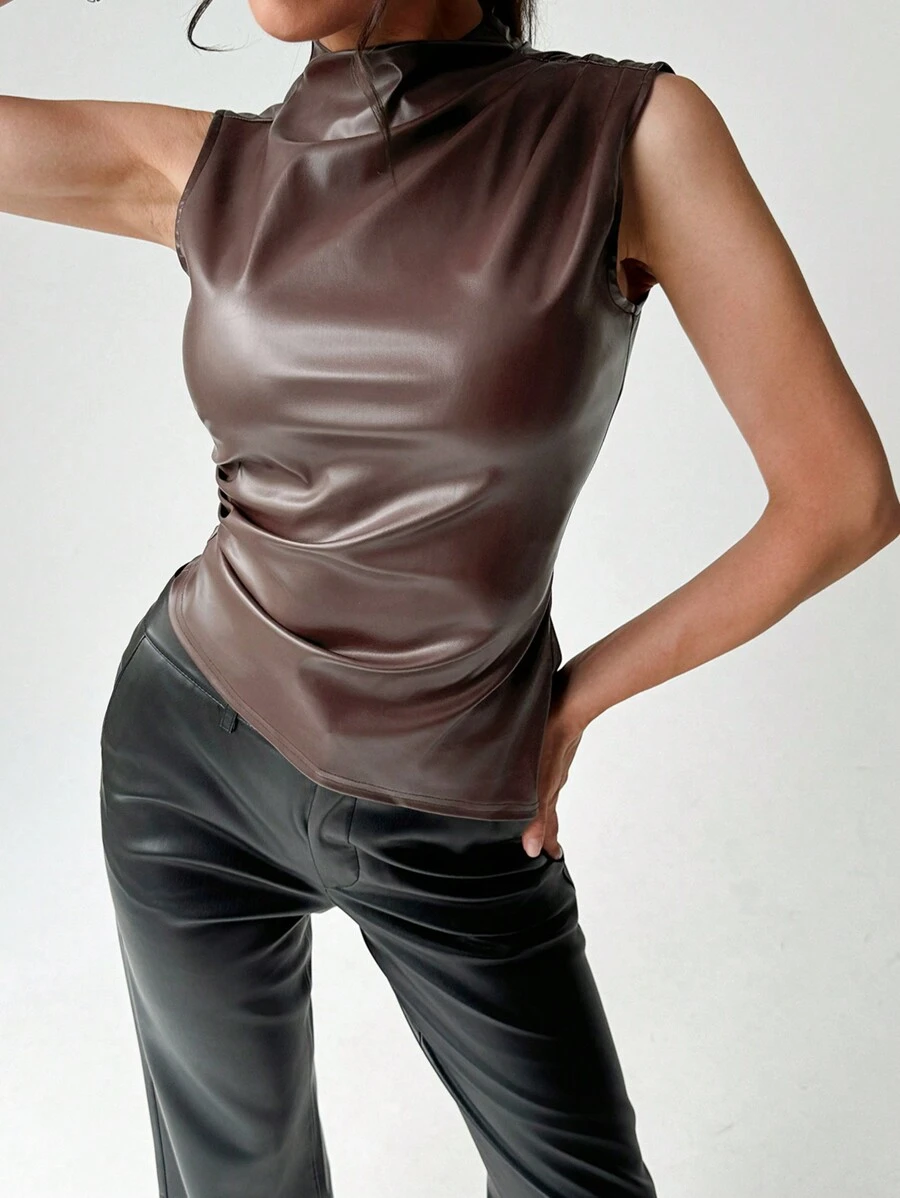 Firerie 女士优雅别致复古性感不对称褶皱腰无袖上衣 - 咖啡棕 - 查看 1