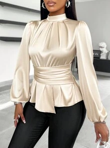 SOLERSUN Women's Casual High Neck Peplum Waist Satin Blouse Peplum Top Fall Cloth For Women - Apricot - View 5