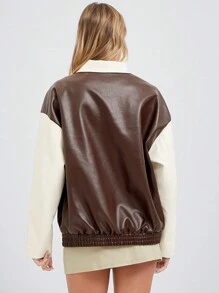 SHEIN EZwear Chaqueta de PU con cremallera y hombros descubiertos, casual y elegante - Blanco y Negro - Ver 2