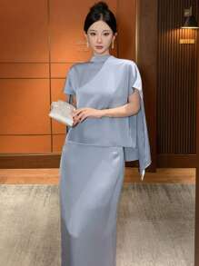 DAZY 2 件套女士纯色 Polo 领上衣和 A 字裙，秋季服装 - 藍色 - 查看 6