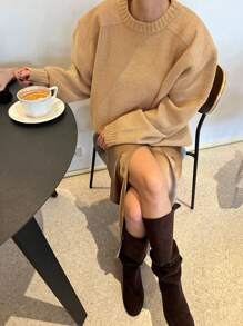 DAZY Women's Solid Color Patchwork PU Round Neck Sweater,Fall Clothes - Khaki - View 1