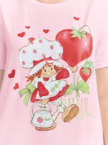 Strawberry Shortcake X SHEIN Summer, Strawberry Girl Pattern, Love Pattern, Pink Casual Round Neck Fitted T-Shirt - Baby Pink - View 4
