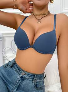 Women's Casual Blue Plain Fabric Push Up Bra With Medium Stretch - Blue - View 5