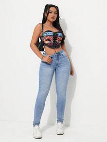 SHEIN Tall 休闲破洞紧身牛仔裤 - 淺色水洗藍 - 查看 6