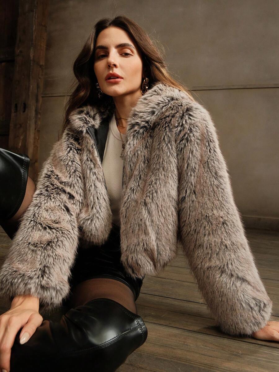 Anewsta Abrigo corto de mujer ombré esponjoso y versátil - Caqui - Ver 1