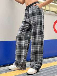 SHEIN Leap Crew 少女休闲宽松格纹阔腿裤，黑白拼接设计，质感舒适