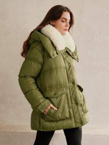 Anewsta Damen einfarbiger gepolsterter Mantel mit Kapuze, winddicht und warm für den Outdoor-Winter - Olivgrün - Übersicht 6