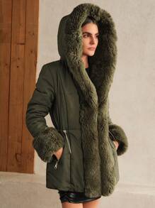 Anewsta Thick Fur Collar Mid-Length Versatile Women's Jacket - Army Green - View 6
