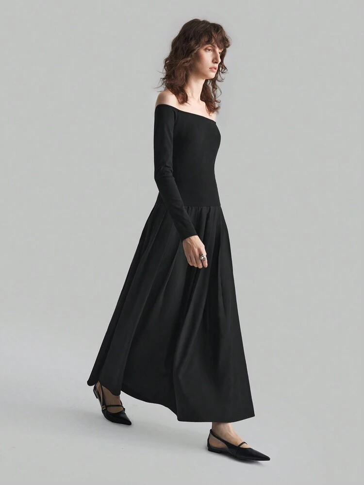 Black Color Block Off-Shoulder Long Sleeve Pleated Maxi Elegant Dress