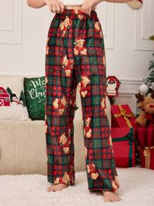 2pcs Teen Girl Christmas Pom Pom Teddy Bear Print Reversible Fuzzy Lounge Pants, Autumn/Winter 2024 - Multicolor - View 1