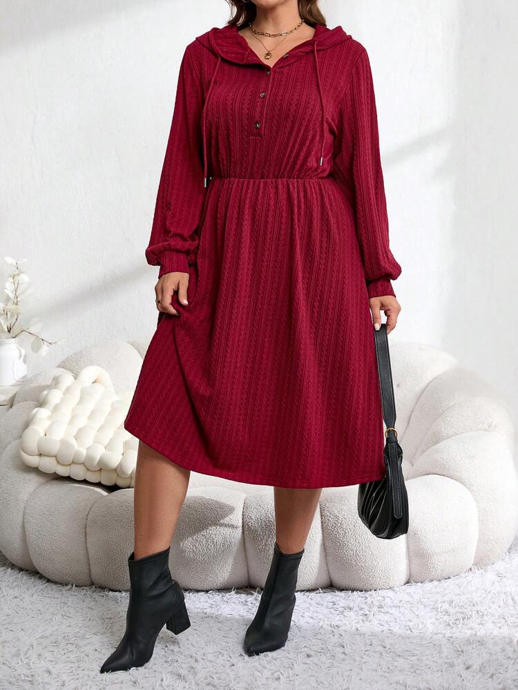 Plus Size Long Fall Dress Solid Color Front Button Long Sleeve Gathered Minimalist Hooded Casual Dress,Fall Women Clothes