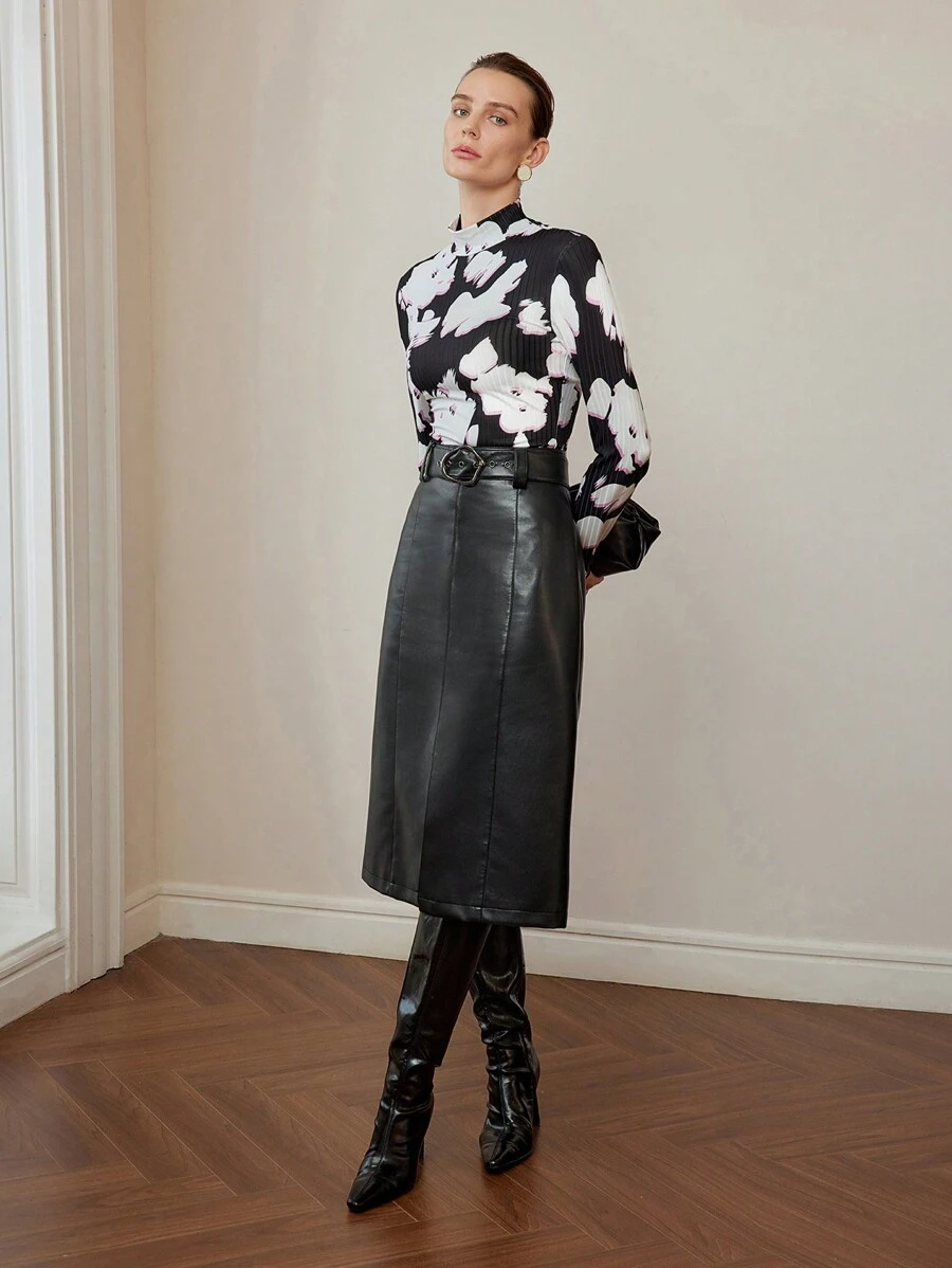 MOTF PREMIUM 花卉印花立领喇叭袖 T 恤