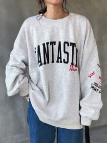 FRIFUL 女士宽松字母印花落肩卫衣，适合秋冬季节，长袖上衣，保暖内衬 - 灰色 - 查看 7