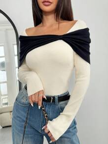 Chiquease Suéter elegante ajustado para mujer de cuello redondo con moño negro