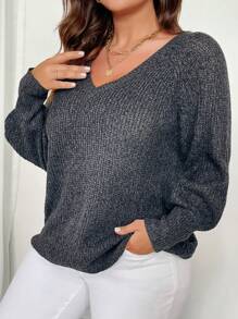 SHEIN Clasi 大码V领纯色露背抽绳长袖套头毛衣，适合冬季和秋季穿着。 - 黑色 - 查看 6