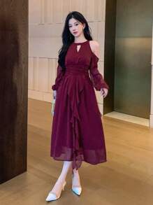 DAZY Women Solid Color Ruffle Ruffle Hem Chiffon Dress, Birthday ,New Year Eve Valentine Valentine's Day Prom Dress,Fall Clothes