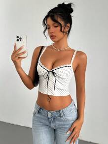 Aloruh Áo ba lỗ không tay in họa tiết chấm bi ren cho nữ - Đen và trắng - Xem 1