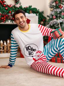 圣诞老人卡通图案可爱男士睡衣套装，秋冬服装