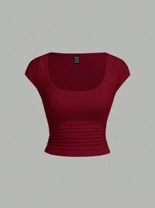 SHEIN Essnce 2 件 V 领褶皱腰休闲修身女式 T 恤 - 酒紅色 - 查看 5