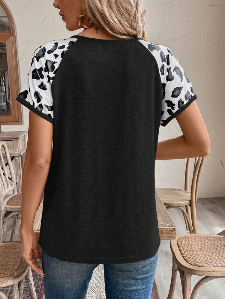 Leopard Print Raglan Sleeve Tee For Summer Basic Tees