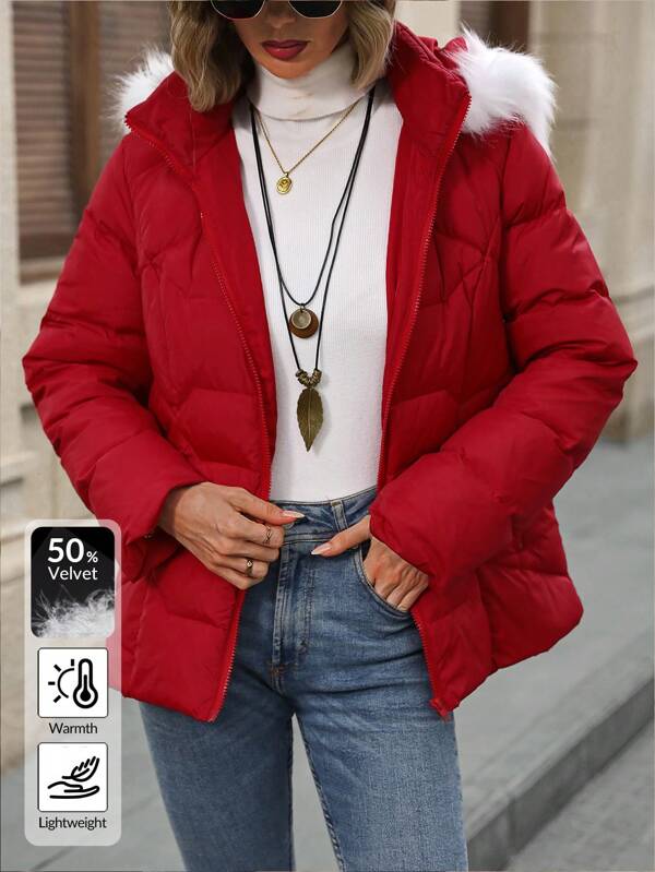 EMERY ROSE Women's Casual Padded Coat With Zipper Pockets And Fur Collar Winter Women Coat Feathers& Down Coat