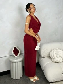 SHEIN BAE 女士深 V 领露背背心 + 紧腰铅笔裙时尚套装 - 酒紅色 - 查看 3