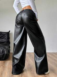 SHEIN Unity 女式时尚 PU 皮革休闲直筒裤，带口袋 - 黑色 - 查看 2