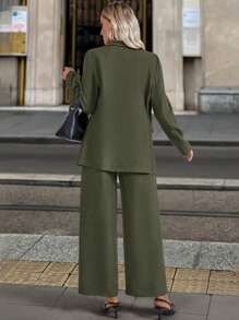 SHEIN LUNE Conjunto de traje para mujer: chaqueta y pantalones - Verde militar - Ver 2