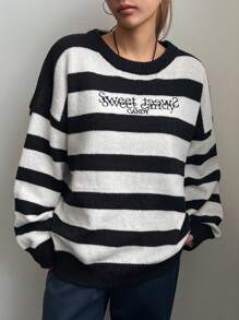 DAZY Women's Round Neck Loose Striped Embroidery Sweater - Black and White - View 3