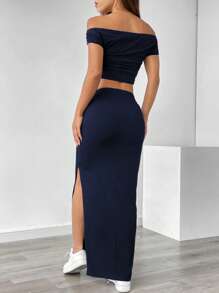 SHEIN Unity Conjunto de blusa plisada de hombros descubiertos y falda con abertura lateral de unicolor - Azul Marino - Ver 2