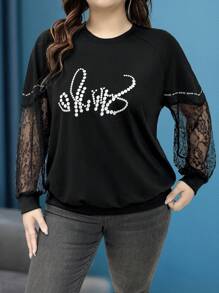 SHEIN LUNE 大码女式字母印花圆领撞色蕾丝长袖休闲运动衫 - 黑色 - 查看 6