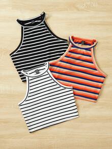 Comfortcana Bộ 3 áo bó dệt kim kẻ sọc mùa hè với thiết kế phối màu - trái cam - Xem 5