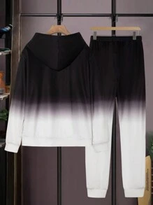 2 件套青少年男孩休闲渐变印花连帽衫和运动裤套装 - 黑與白 - 查看 2