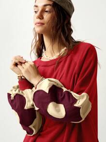 Bohemela 女士花卉拼色圆领长袖休闲舒适运动衫 - 彩色 - 查看 7