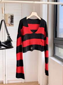 Comfortcana Suéter de punto roto con rayas rojas y negras nuevo para mujer - Negro - Ver 5