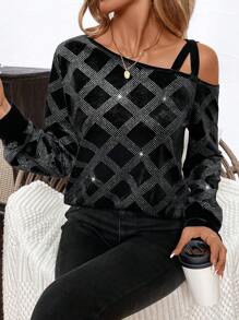 SHEIN Clasi 女士时尚百搭天鹅绒水钻装饰上衣，秋冬款 - 黑色 - 查看 1