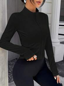 SHEIN EZwear 秋冬女士纯色前拉链长袖休闲简约夹克