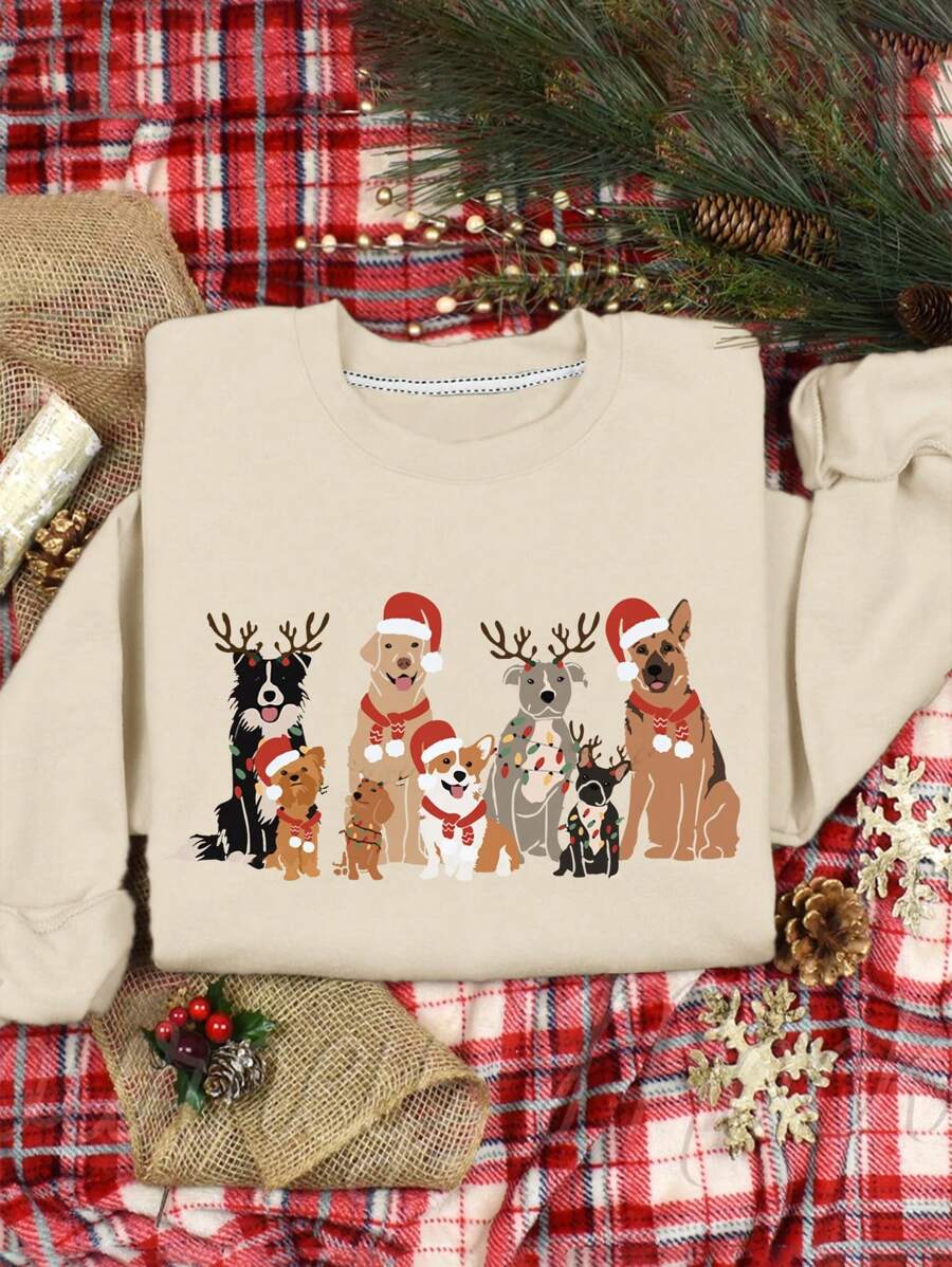 INAWLY 圣诞小狗印花圆领卫衣，长袖套头衫，秋季款 - 米色 - 查看 1