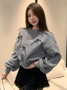 DAZY Sudadera de manga larga con lazo grande decorado, para otoño/invierno, blusas de manga larga, ropa de mujer de otoño Y2k - Gris - Ver 4
