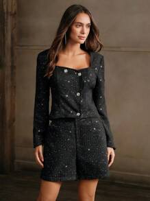 Anewsta 2pcs Women's Black Sequins Square Neck Double Breasted Jacket And Shorts Set - Black - View 5
