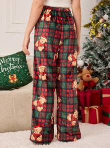 2pcs Teen Girl Christmas Pom Pom Teddy Bear Print Reversible Fuzzy Lounge Pants, Autumn/Winter 2024 - Multicolor - View 2