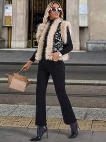 EMERY ROSE 女士花卉刺绣毛绒拼接无袖休闲夹克 - 黑色 - 查看 3