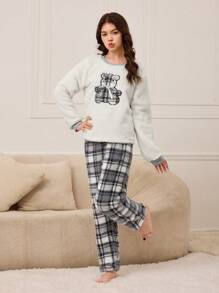 2 bộ đồ ngủ in hình gấu kẻ sọc thanh lịch cho bé gái tuổi teen và quần dài ấm áp tại nhà mùa đông - Nhiều màu - Xem 6