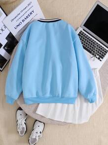 SHEIN Teen Girls Preppy Campus Outfit V-Neck Contrast Color Collar Letter Print Oversized Sweatshirt & White Pleated Mini Skirt Casual 2Pcs Set - Blue and White - View 2
