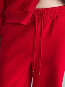 Ontre Women's Drawstring Waist Wide Leg Relaxed Cotton Fit Red Straight Long Pants Fall Women Clothes - Red - View 3