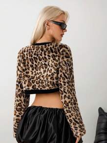 SHEIN ICON Damen Kürze Jacke mit Leoparden Muster, Farbblöcke und Teddyfell für Herbst/Winter